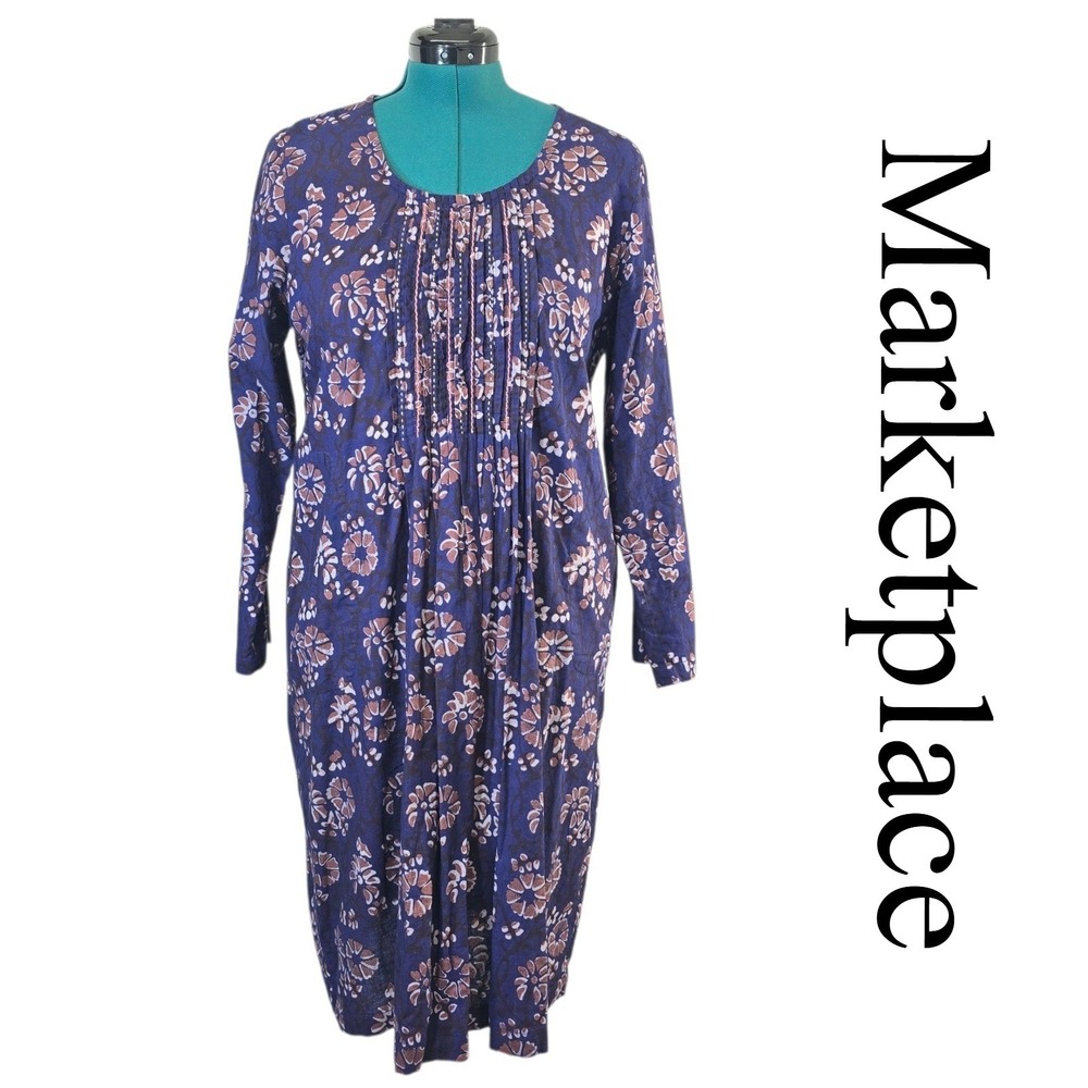 Marketplace Handwork of India Blue Floral Cotton Pintuck Shift Dress M Batik‎
